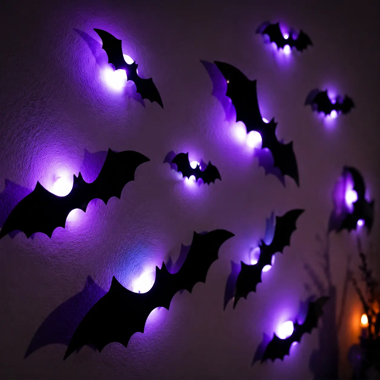 36 Pcs Halloween Bats & Spider LED Lighted 3D PVC Wall Decor Set, Removable Assorted Sizes Vinyl Stickers for Indoor Home Window Party Supplies, Halloween Decor Ornaments,dorm decor,dorm room decor