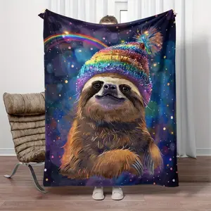 Rainbow Sloth Flannel Blanket Cute Animal Print Soft Cozy Throw for Kids Room, Space Star Background Warm Lightweight Bedding Gift