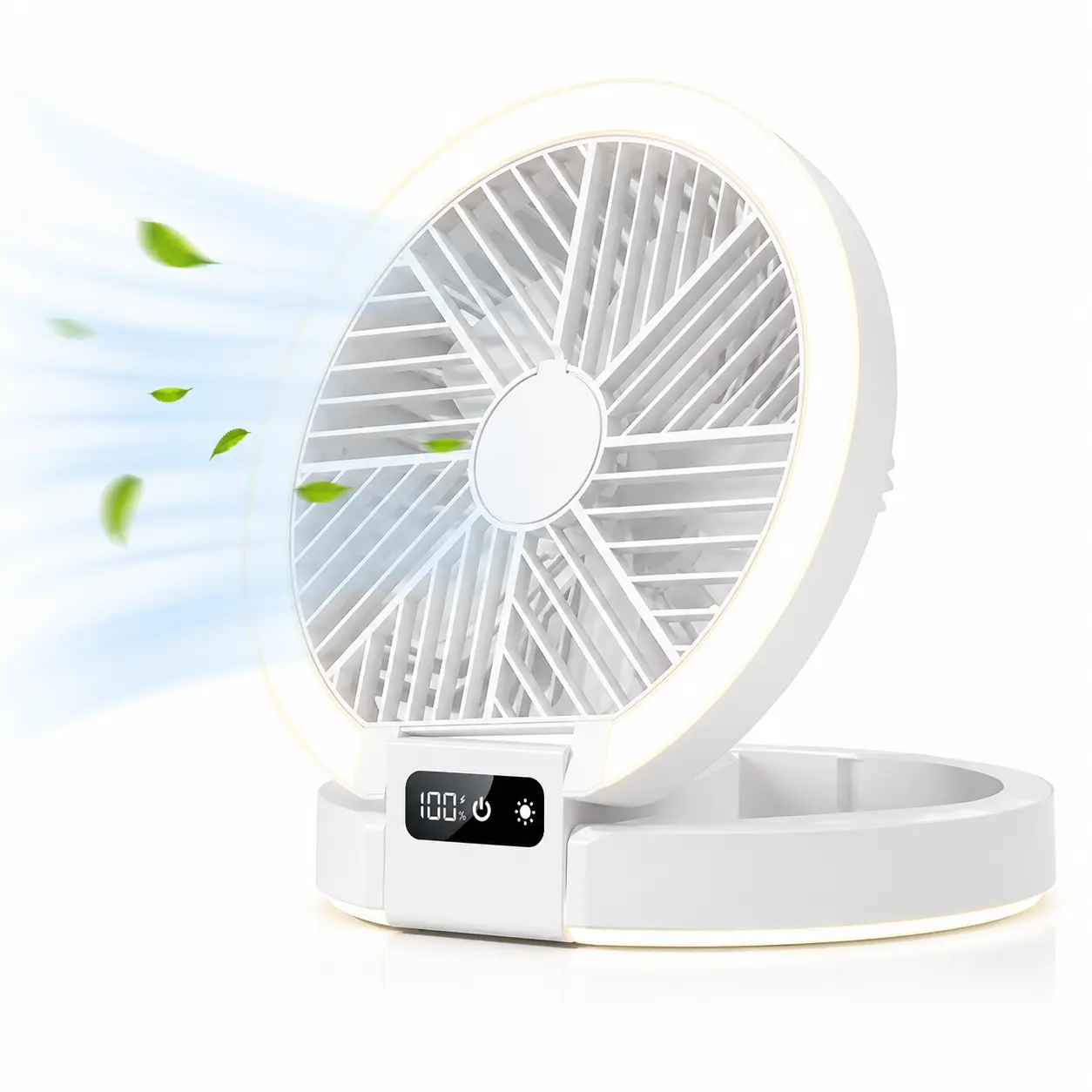 Compact Small USB Rechargeable Wireless Cooling Portable Desk Fan with LED Night Light, 5 Speeds, Dimmable Stepless Dimming, Quiet Cooling for Office Bedroom