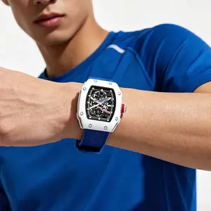 Men's Tonneau Skeleton Automatic Watch Luxury Mechanical Waterproof Nylon Strap Casual Sport Wristwatch