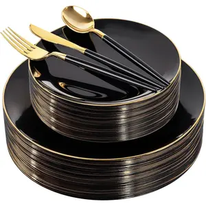 150 count Black Plastic Plates with  Silverware,Black Disposable Plates Set Included 30 Dinner Plate,30 Dessert plate,30 ,30 Forks,30 Spoons,black and  plates for Party Wedding