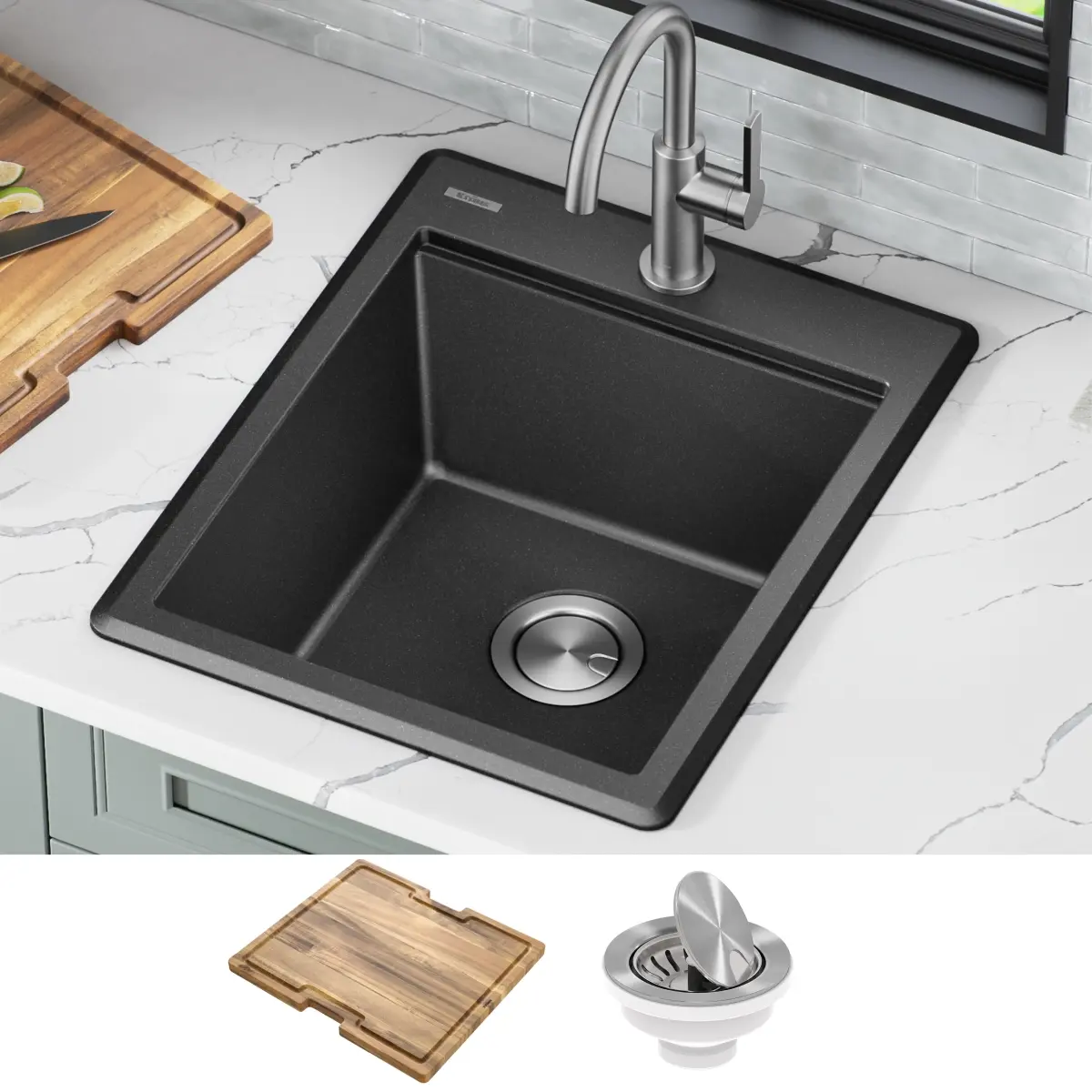 Kraus KGTW12-18MBL 18 in. Bellucci Granite Composite Workstation Drop-In Top Mount Single Bowl Kitchen Bar Sink with Accessories, Metallic Black