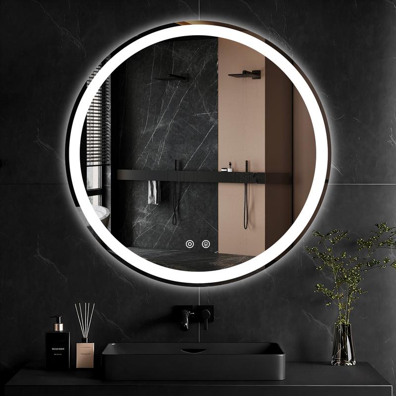 【Valentine's Day Gifts】Round LED Bathroom Mirror with Lights, Circle Vanity Mirror with Anti-Fog, Dimmable, 3-Color Light, Memory Function, Tempered Glass