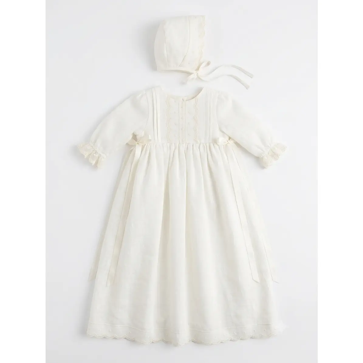 CHRISTENING IVORY LINEN GOWN WITH BONNET