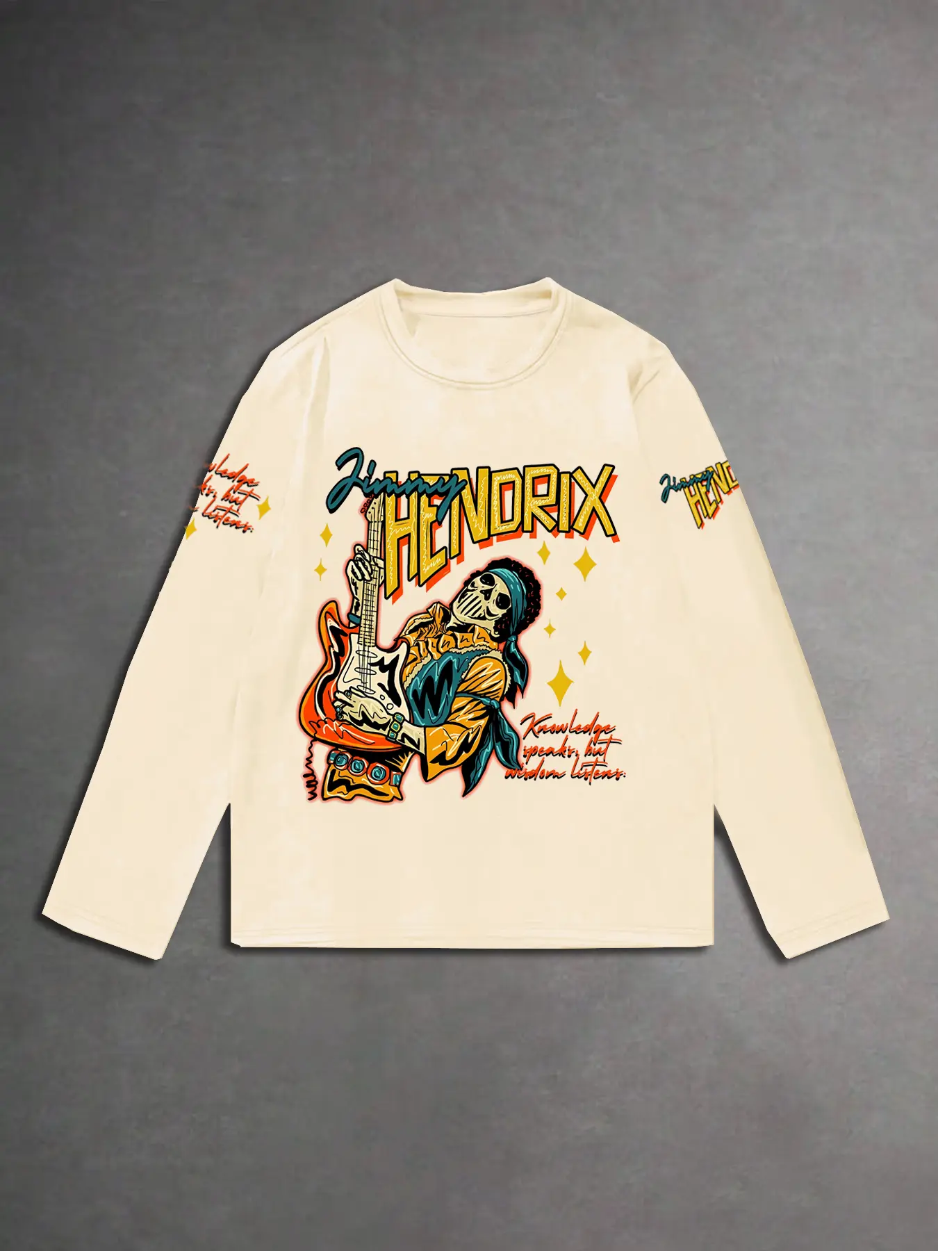 Men's Long Sleeve Knit Classic Rock Skull Guitar Print T-Shirt, Casual Fitted Streetwear Graphic Tee for Spring & Fall, Daily Wear & Music Events, Knitwear