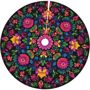 36 Inch Mexican Flowers Christmas Tree Skirt Xmas Tree Mat Party Decor Supplies for Holiday Home Decorations