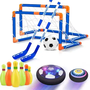 Hover Soccer Ball Set for Kids 4-in-1 Rechargeable Air Floating Soccer & Hockey Toy with LED Light Indoor Outdoor Sports for Boys Girls 3-12 Years Old Thrilling Sports Set with 2 Goals 2 Hockey Sticks & 1 Charging Cable