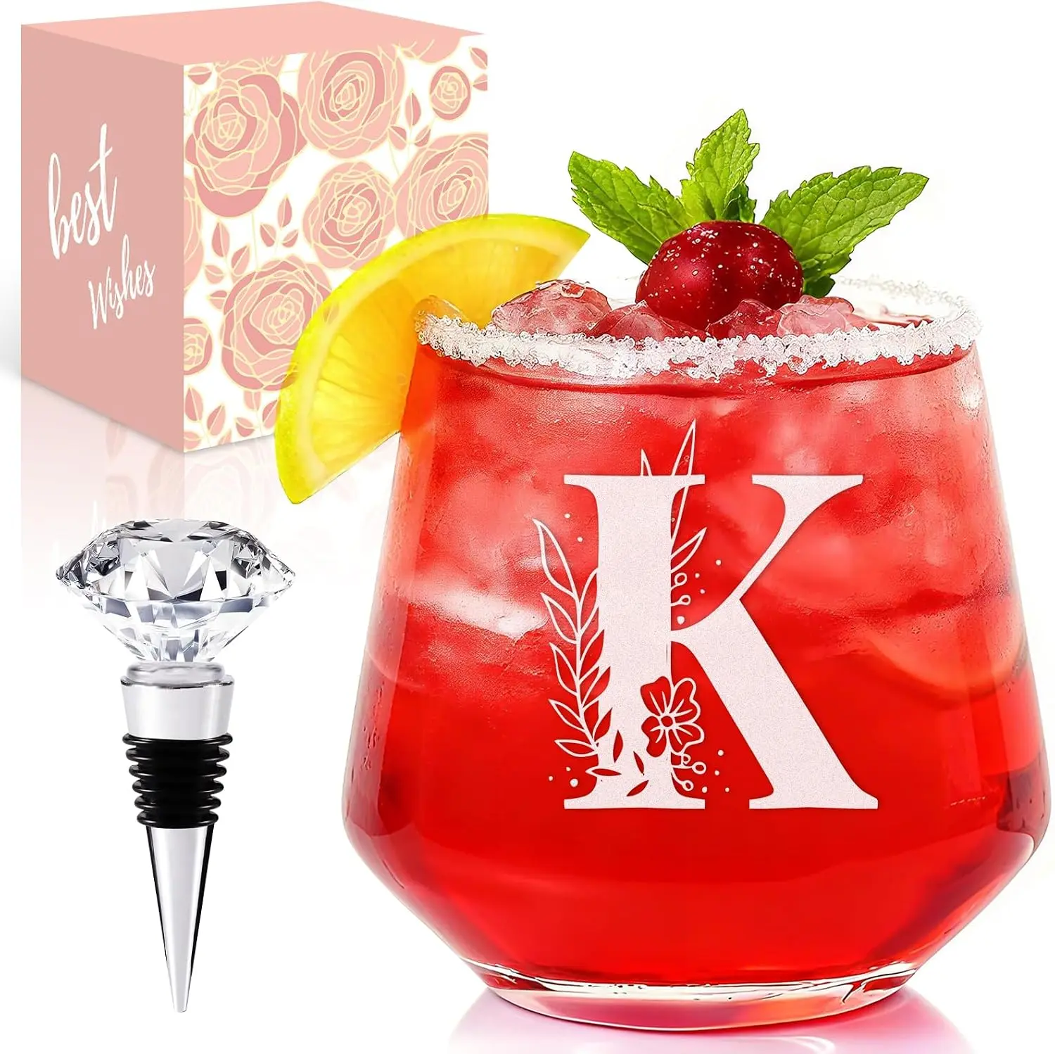 Personalized Stemless Crystal Monogram Wine Glass, Birthday Party & Housewarming for Mom Wife Sister Friend, Custom Engraved Initial A-Z Wine Cup, Etched Dishwasher Safe Elegant Drinkware