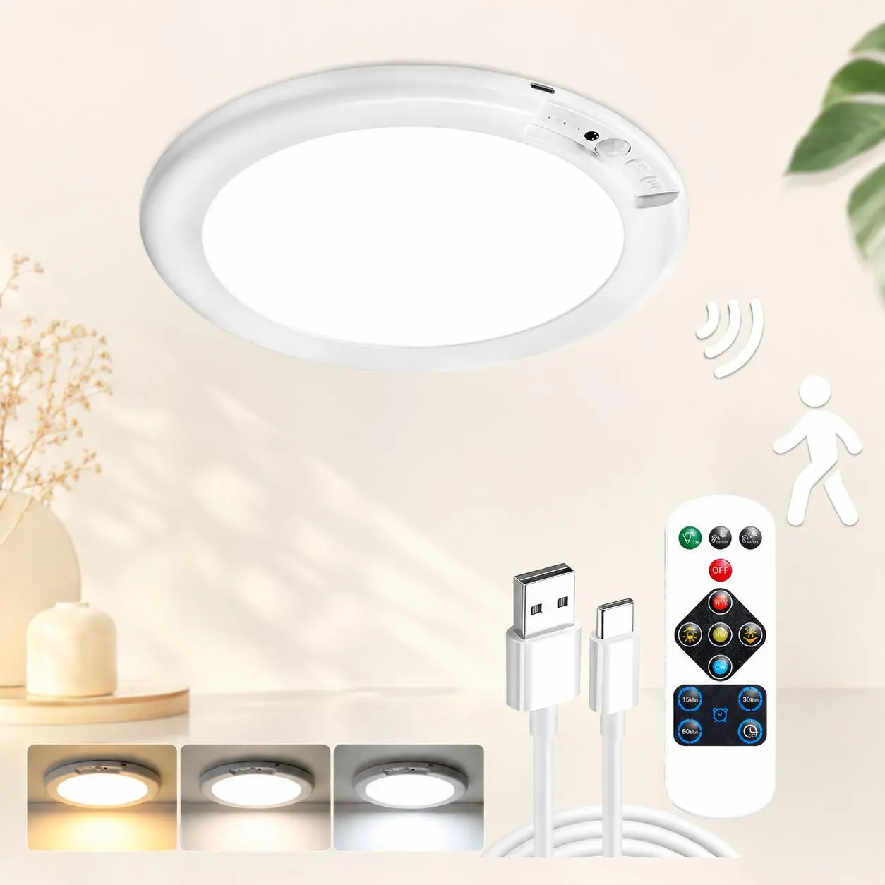 Rechargeable Motion Ceiling Light with Remote, Battery Operated Closet Light No Wiring, Wireless LED Shower Lights, Dimmable Indoor Overhead Lamp for Closet Shower Pantry Shed Hallway Father's Day Gift