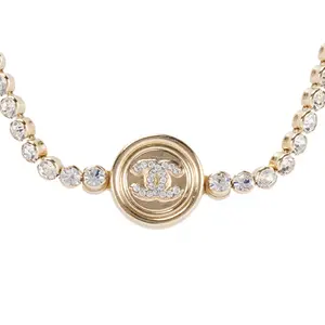 Pre-owned Chanel Gold Tone Crystal CC Logo Coin Necklace JLP020510