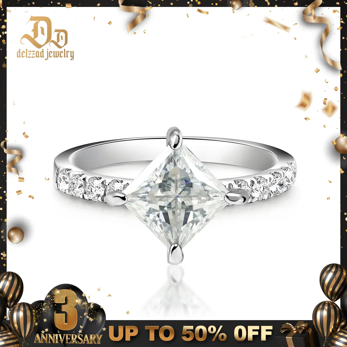 Delzzad 2ct Princess Synthetic Moissanite Compass Ring In 925 Sterling Silver Christmas Gift