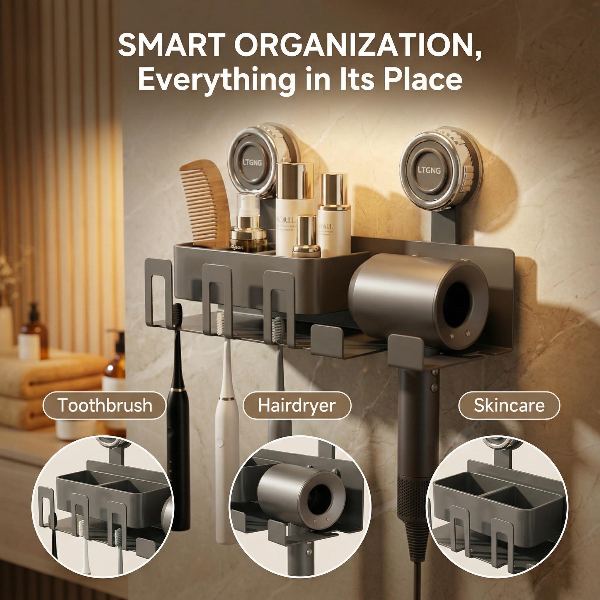 No Drill Suction Cup Hair Dryer Holder, Space Aluminum Bathroom Organizer with Toothbrush Storage, Strong Load-Bearing Wall Mount Rack for Renters No Drill Suction Cup Hair Dryer Holder, Space Aluminum Bathroom Organizer with Toothbrush Storage, Strong Load-Bearing Wall Mount Rack for Renters
