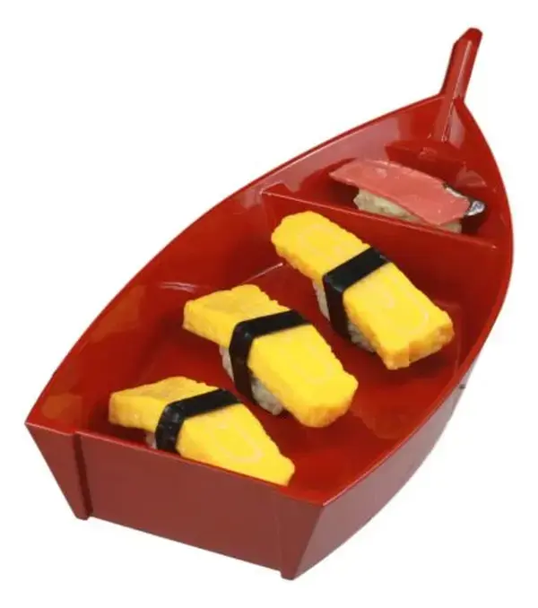 Aesthetic Traditional Japanese Omakase Red Sushi Boat Serving Plate Set, 12" Long Plastic Lacquer Restaurant Commercial Grade Home Supplies Decor