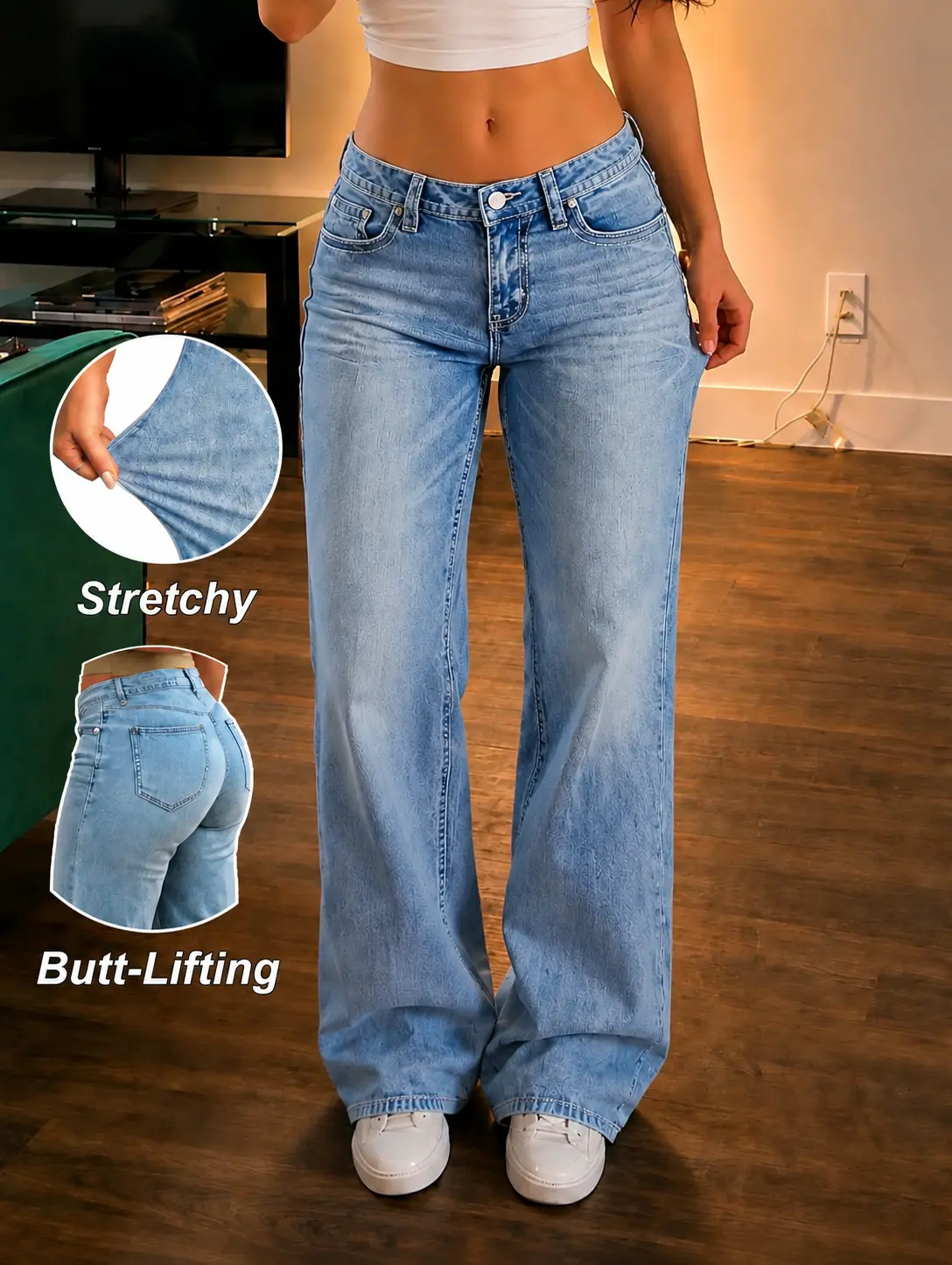 Women's Y2K Mid-Rise Stretchy Wide-Leg Jeans, Butt-Lifting Light Wash Baggy Casual Denim Pants