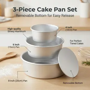 3-Piece Removable Bottom Cake Pan Set, Silvery Aluminum Tiered Cake Molds in 4/6/8 Inch Sizes, Effortless Release for Chiffon and Sponge Cake Baking