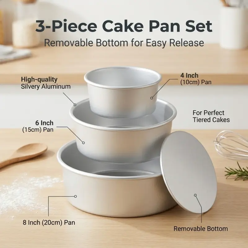 3-Piece Removable Bottom Cake Pan Set, Bakeware Baking Pans, Home Baking Supplies, Silvery Aluminum Tiered Cake Molds in 4/6/8 Inch Sizes, Effortless Release for Chiffon and Sponge Cake Baking