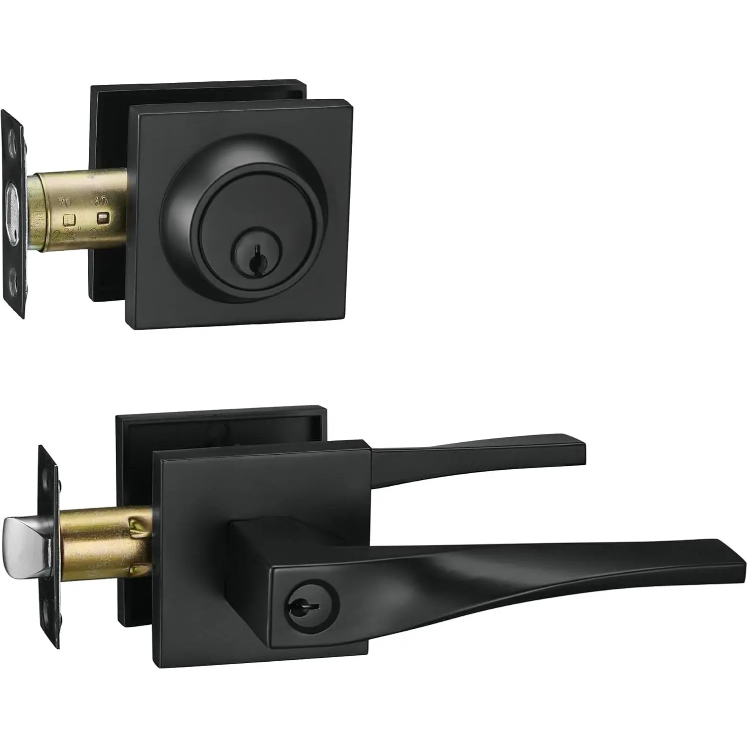 Sleek Series Entry Door Handle Set with Single Cylinder Deadbolt, Reversible Heavy-Duty Iron Black Entry Lock with Keys for Front Door or Office, Deadbolt [Single Cylinder]