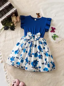 Toddler Girl's Floral Print Bow Decor Ribbed Sweater Dress, Casual Sleeveless A Line Dress for Summer, Kids Clothes for Daily Wear