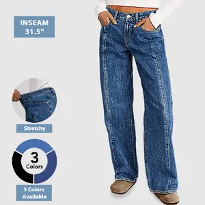 Flamingals Wash Seam Front Mid Rise Straight Leg Jeans Womenswear Casual Style Denim