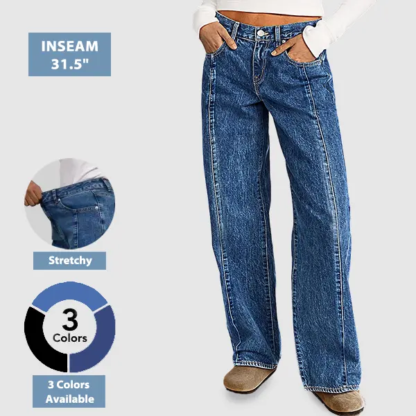 Flamingals Wash Seam Front Mid Rise Straight Leg Jeans Womenswear Casual Style Denim