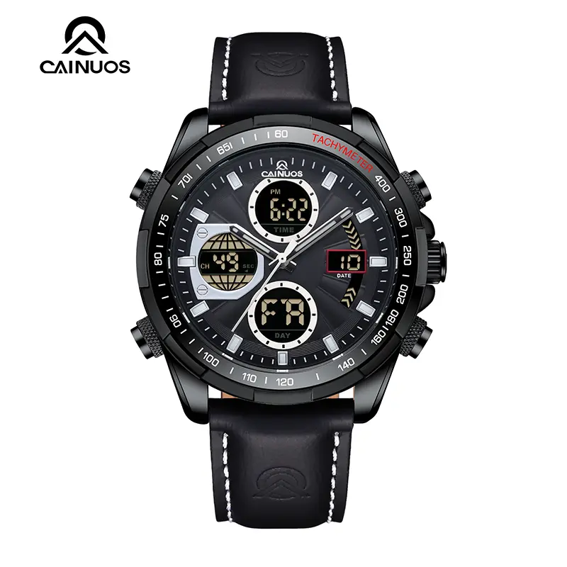 CAINUOS 8003G Men Dual Display Watch, 46mm Large Dial Leather Strap Chronograph Wristwatch, 3ATM Waterproof Luminous Analog Digital Watch, Old Money Tactical Outdoor Business Casual EDC Watch for Men