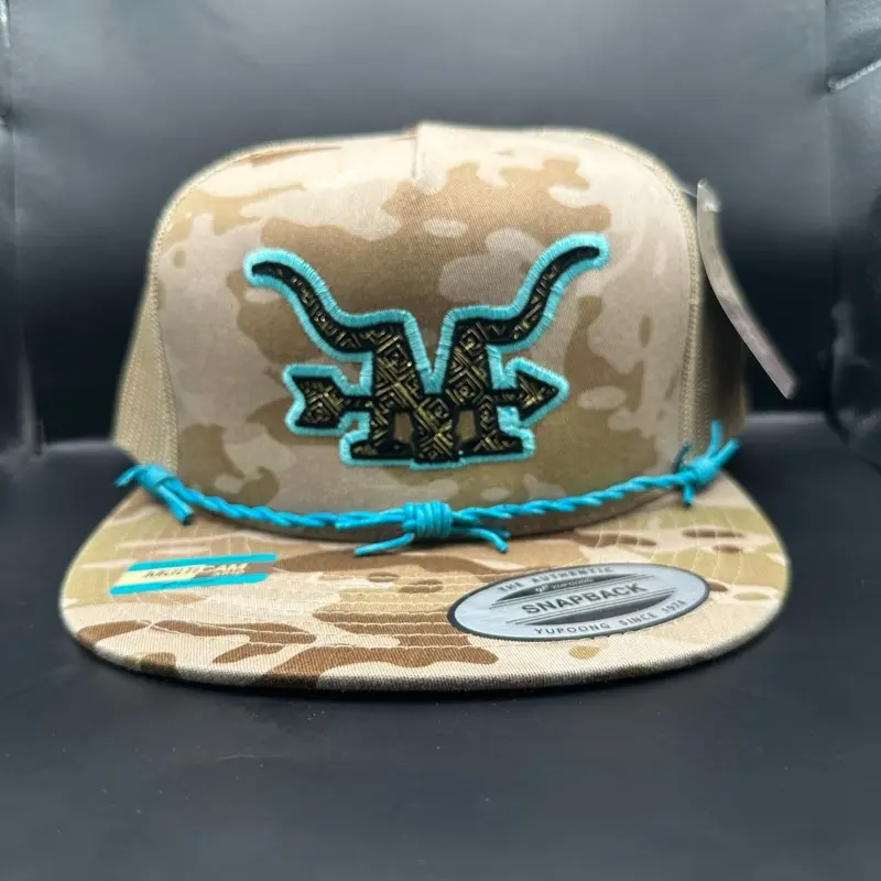 Marfa Hat Company Turquoise Hunter Hat with Logo, Camouflage Pattern, Adjustable Cap Strap, and Decorative Tassel