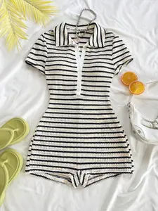 Spring Summer New Women's Striped Lapel Single Button Slim Fit Short Sleeve Jumpsuit Shorts, Casual Fashion, Comfortable Wear, Casual Comfy Overalls