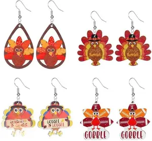 4 Pairs Thanksgiving Earrings for Women Cute Turkey Pumpkin Maple Leaf Dangle Earrings Natural Wood Lightweight Casual Jewelry Gift