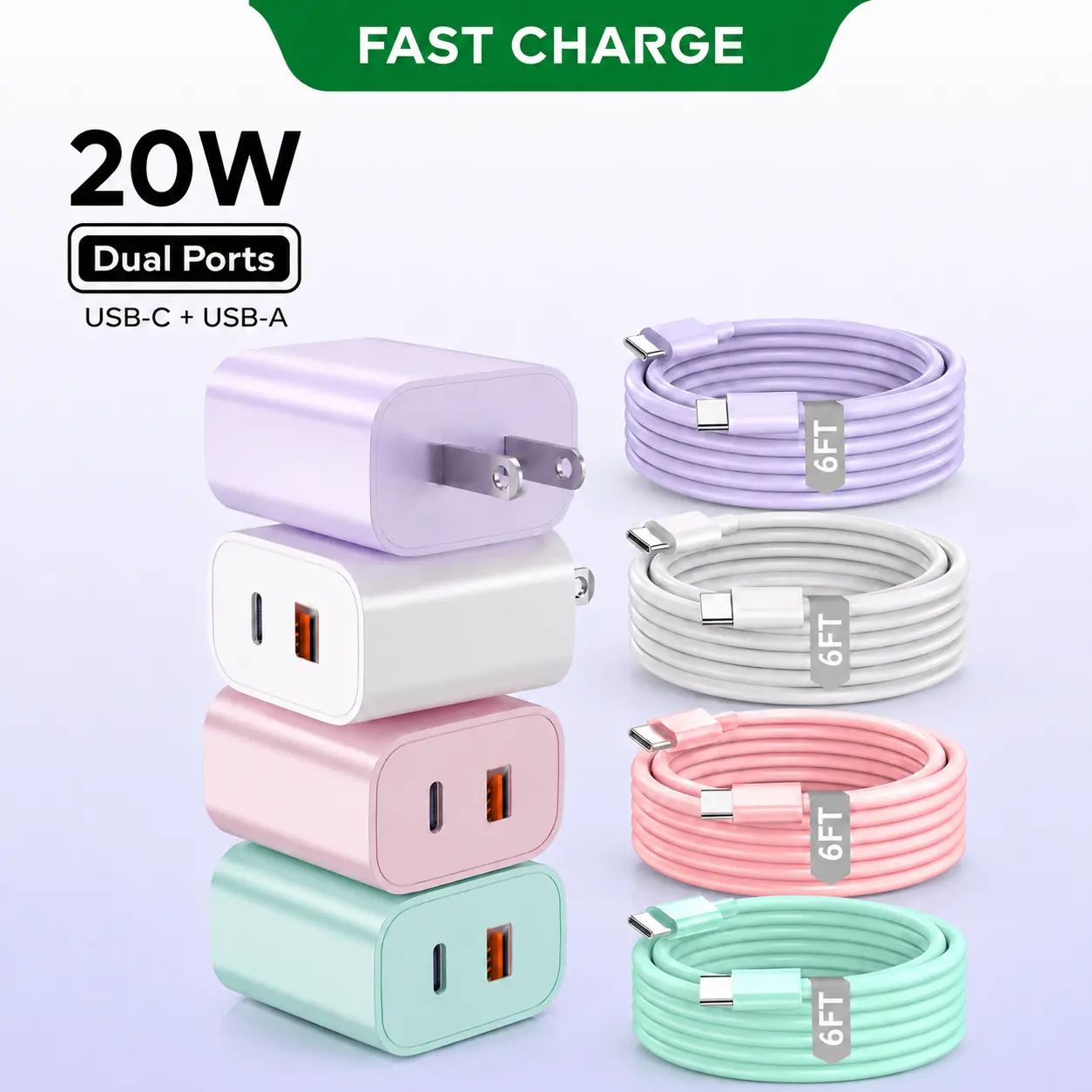 【Available in Four Colors】20W Dual Port USB-A + USB-C Fast Charger with USB-C Cable, 1/2/4 Pack Type C Wall Charger, Compatible with iPhone 17/16/15 Pro/Plus/Max, Samsung Galaxy S26/S25/S24 Series, Pixel, iPad Mini, AirPods-Durable, iPhone 17/16/15 Series