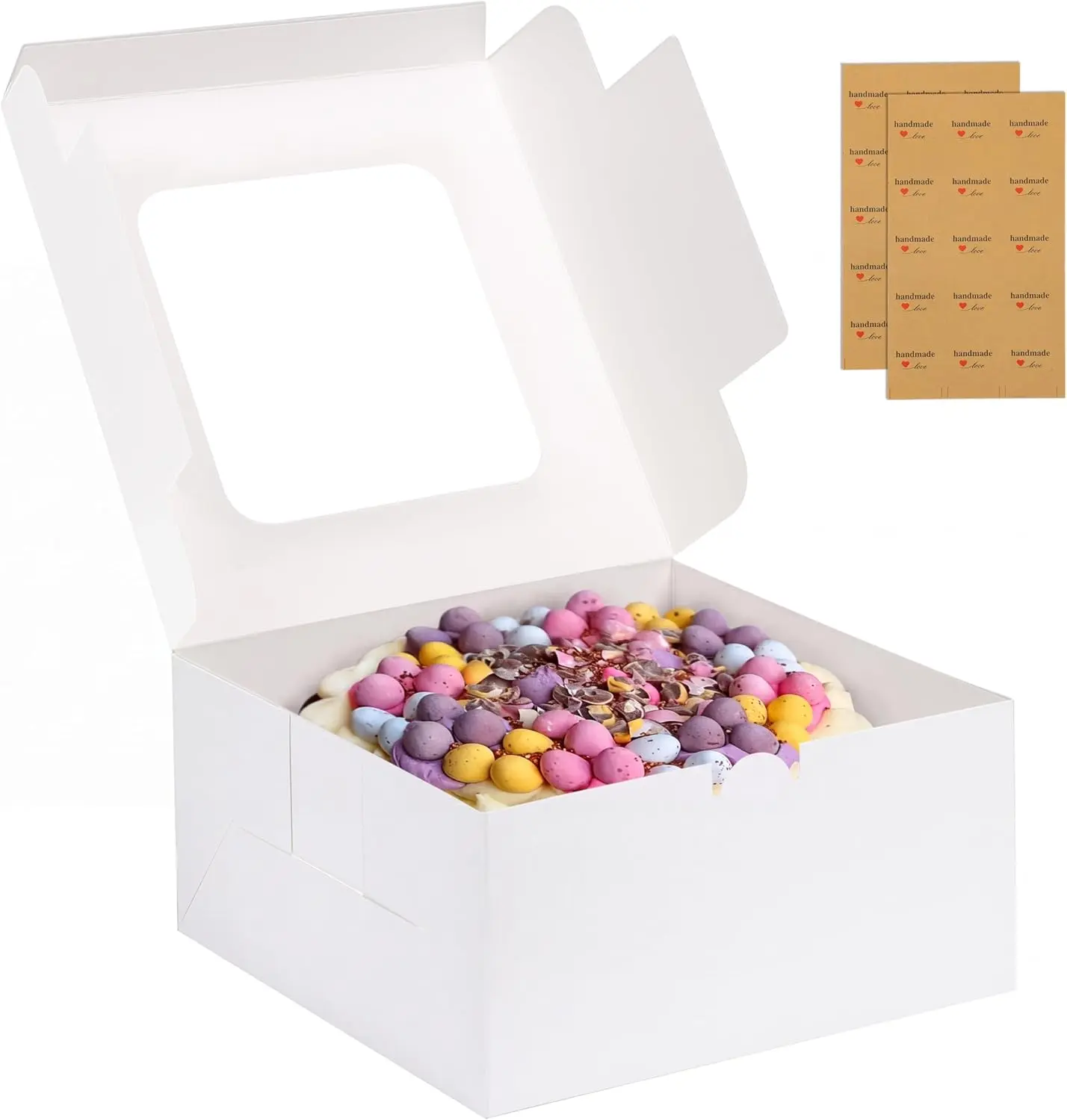 Moretoes 24pcs Cake Boxes, 10x10x5 Inches White Square Bakery Boxes with Window Cajas Pasteles for Cake, Mother's Day, Pastries, Chocolates, Cookies, Pie, Birthday Party, Wedding, Graduation