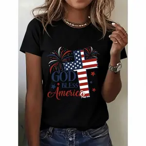 American Independence Day T-shirt womens patriotic god america graphic t retro vintage american flag fireworks print soft brea able sleeve round neck casual tee for casual attire american flag clo es white -1 tokwear Tee Top Womenswear