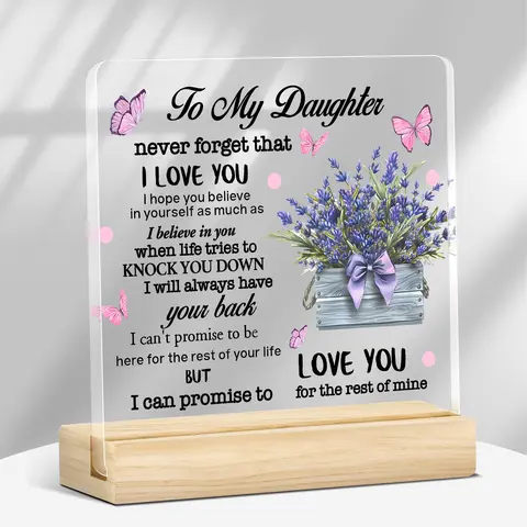 To My Daughter Letter Pattern Acrylic Plaque with Wooden Stand, Inspirational Acrylic Plaque, Birthday Gift, Home & Office Decor, Room Decor, Signs, Decorative Plaque, Home Decor Products