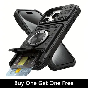 [Buy One Get One Free SP]4-In-1 Card Holder Case,with Magnetic Attachment and Adjustable Stand, for iPhone17 Pro Max 16 Plus 15 14 13 Shockproof Phone Cover,Composite PCMaterial and Durable Shockproof Rubber Soft TPU, Mounting Ring, Free Screen Protector