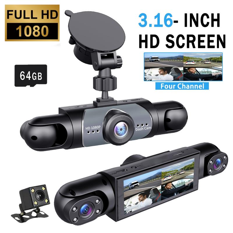 4 Channel  Car Dash Cam,1080P Car DVR with 64GB Memory Card，Car Video Surveillance with Night Vision，24/7Parking Mode Car DVR Hd Screen Front Rear Left And Right dashcam