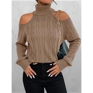 Lightweight Design | Women's Cold Shoulder Turtleneck Sweater - Soft Cable Knit Pullover, Long Sleeve, Ribbed Texture, Elegant & Casual Jumper for Fall/Winter, Maroon
