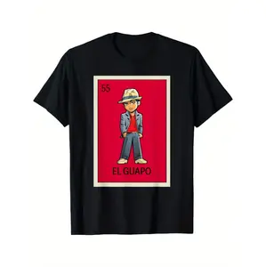 Casual Summer T-Shirt for Women Featuring Vibrant El Guapo Mexican Loteria Design in Black with Short Sleeves and Round Neck