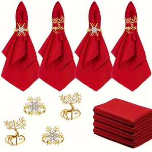 8pcs Christmas Napkins And Ring Set 4pcs Red Washable Christmas Napkins Cloth And 4pcs Christmas Napkin Rings Holder for Christmas Holiday Dinner Party Table Decoration (Golden Elk, Golden Snowflake)