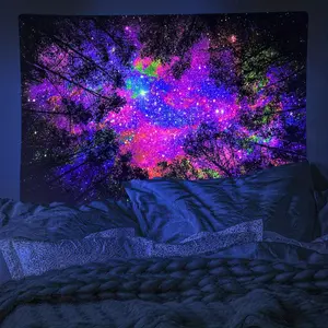 1pc Enchanting Forest Night Scene Fluorescent Tapestry - Vibrant for Galaxy Wall Hanging, UV BlackLight Reactive, Polyester Suede Fabric, Ideal for Bedroom, Living Room, Office Decor - Free Installation Kit Included, Celestial Decor