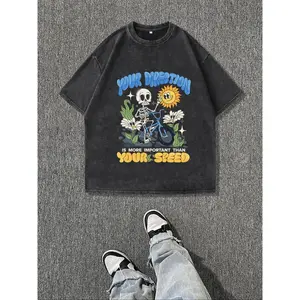 Men's Regular Fit Skeleton & Bicycle Print Round Neck Tee, Vintage Trendy Casual Short Sleeve T-shirt for Daily Wear, Men's Summer Outfit, Top, Cotton