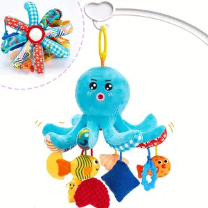 Baby Toys Car Seat Octopus Toy with Squeaky Crinkle Rattle Mirror for Newborn Sensory Stroller Carseat Hanging Gift for Baby Gym Newborn Sets for Holiday Christmas Birthday