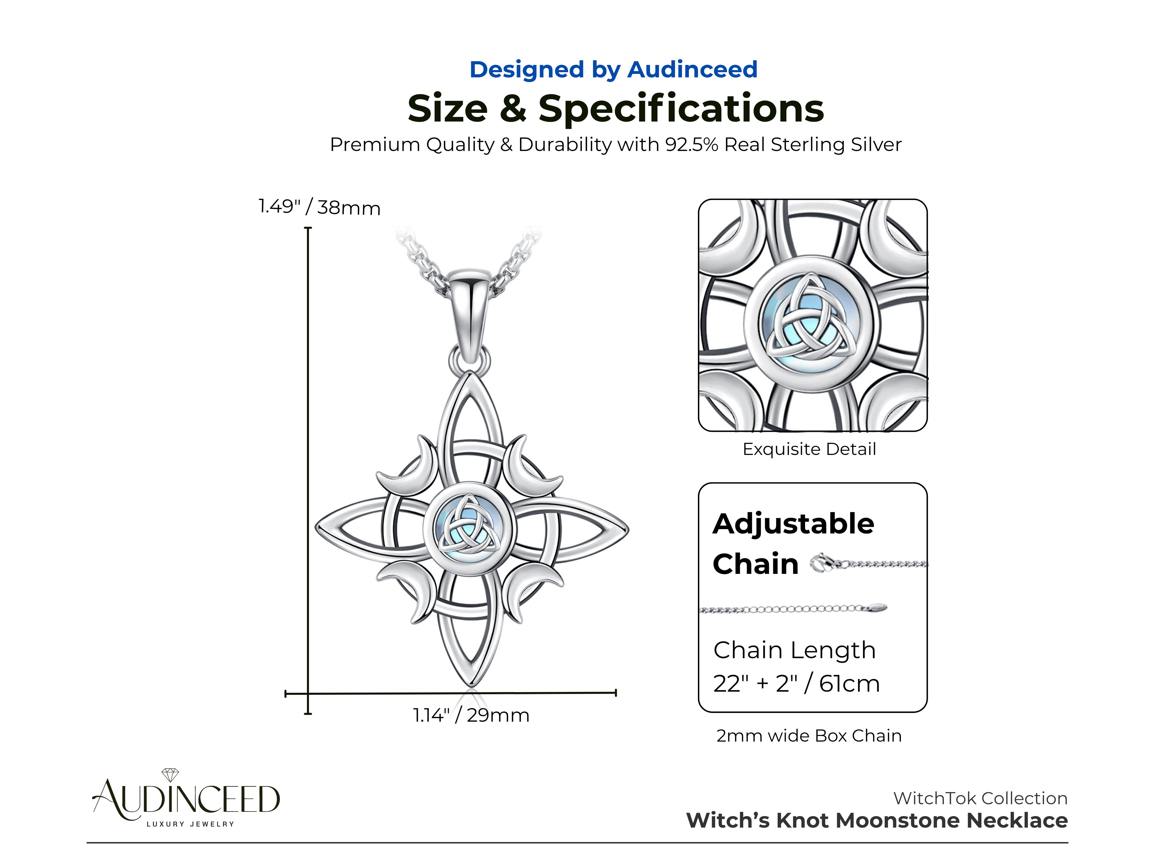 Audinceed Witch Knot Moonstone Necklace, S925 Sterling Silver Cosas Nudo De Bruja Plata 925 Moonstone Pagan Wiccan Witch Witches Knot Silver Necklace Pendant Dark Feminine Jewelry Gift for Woman Girl