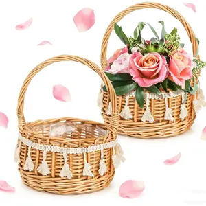 2 Pack Flower Girl Basket, Small Wicker Basket with Silk Petals, White Ribbon, Plastic Liner, Decorative Woven Willow Rattan Basket for Wedding, Gifts, Camping,  Decor