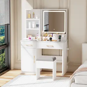 Makeup Vanity Desk with Mirror and Lights, White Vanity Table with Power Outlet and 3 Lighting Modes, Dressing Table Set with Cabinet Drawers Shelves and Storage Stool Storage Space and Cushioned Stool for Bedroom
