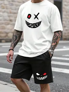Men's Cartoon Face Print Short Sleeve Tee & Shorts Set, Regular Fit Casual Round Neck T-shirt & Track Shorts, Summer Clothes Set for Men