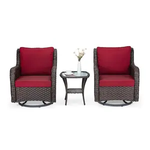 Garvee 3-Piece Outdoor Wicker Patio Bistro Set - Rocking Chairs, with Glass Side Table, Outdoor Rattan Swivel Chair Set, for Backyard, Porch, Deck, Balcony