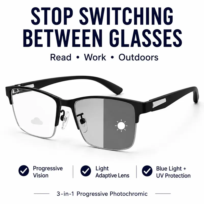 Progressive Photochromic Reading Glasses for Men Women, Blue Light Blocking Readers, 3-in-1 Near Mid Far Vision Eyewear for Phone, Computer & Outdoor Use