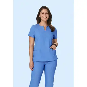 5 Pocket Notch Neck Top Heather Blue