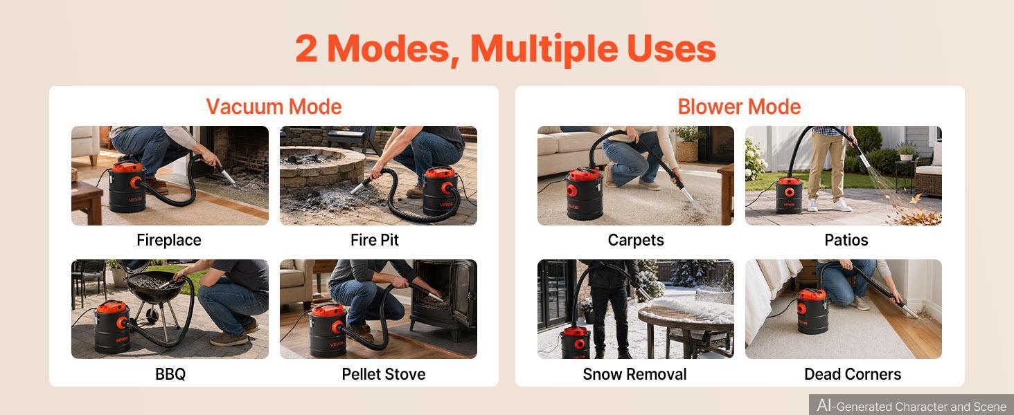 VEVOR Ash Vacuum 4 Gallon, 1200W Powerful Fireplace Cleaner Steel Body, for Fireplaces, Pellet Stoves, Wood Stoves, Fire Pits, Grills, Double Stage Filtration System, 4 FT Hose, Black & Orange