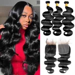 Vinisay 10A Brazilian Virgin 100% Human Hair Body Wave Bundles 3 4 Bundles Quick Weave Extensions Sew in 4x4 Lace Closure