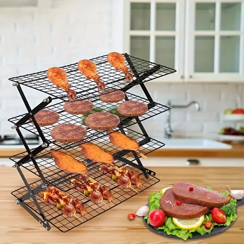 4-Tier Foldable Cooling Rack, Baking Pan Wire Rack, Outdoor Picnic Rack, Adjustable 4 Setting Designs, Collapsible Food Display Stand, Multi-Purpose Serving Tray, Camping Grill for for Baking, Roasting, Grilling, Picnics, with 20pcs Parchment Paper